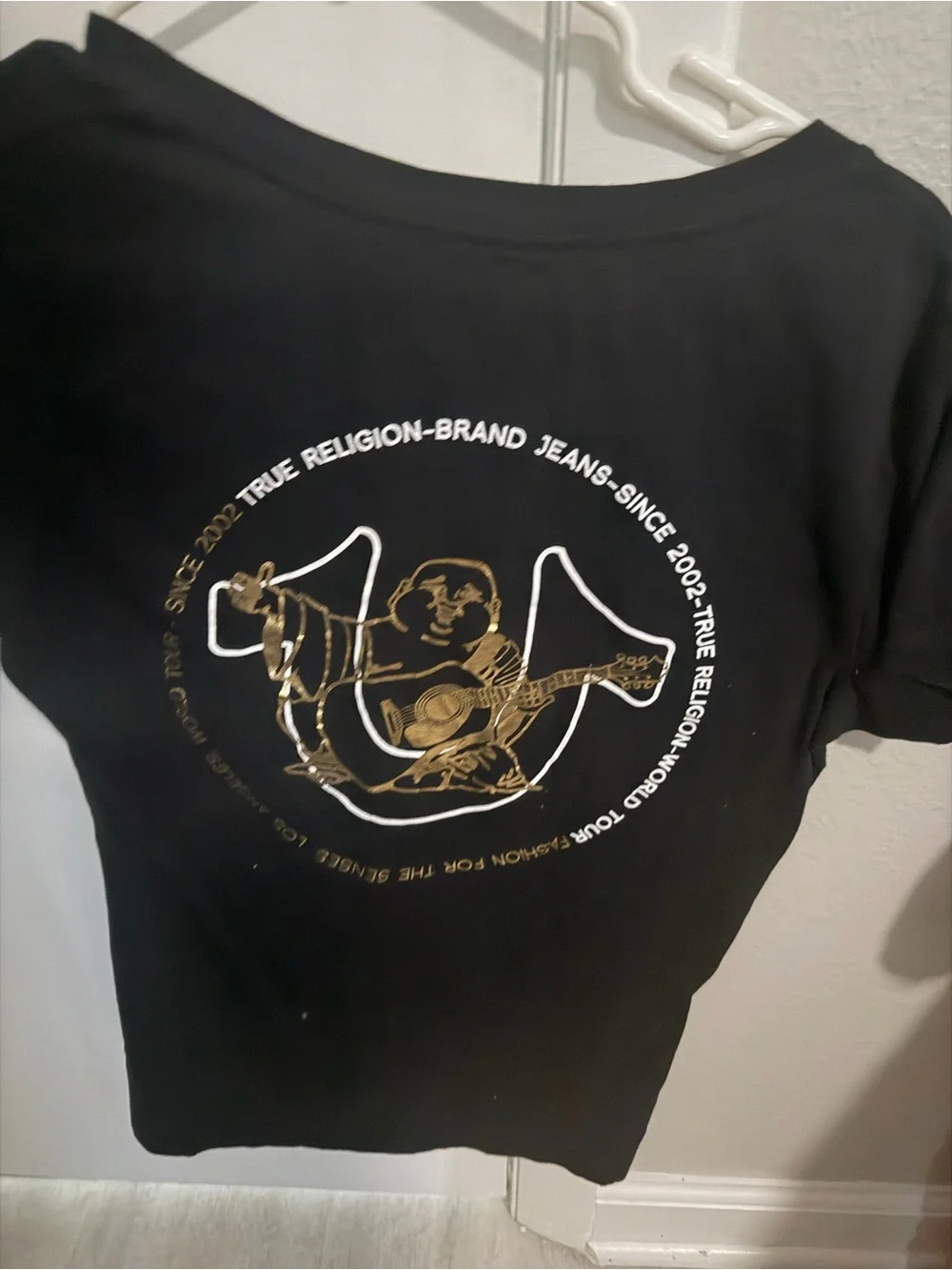 True Religion Black T-Shirt with Gold and White Logo Graphic brand new
